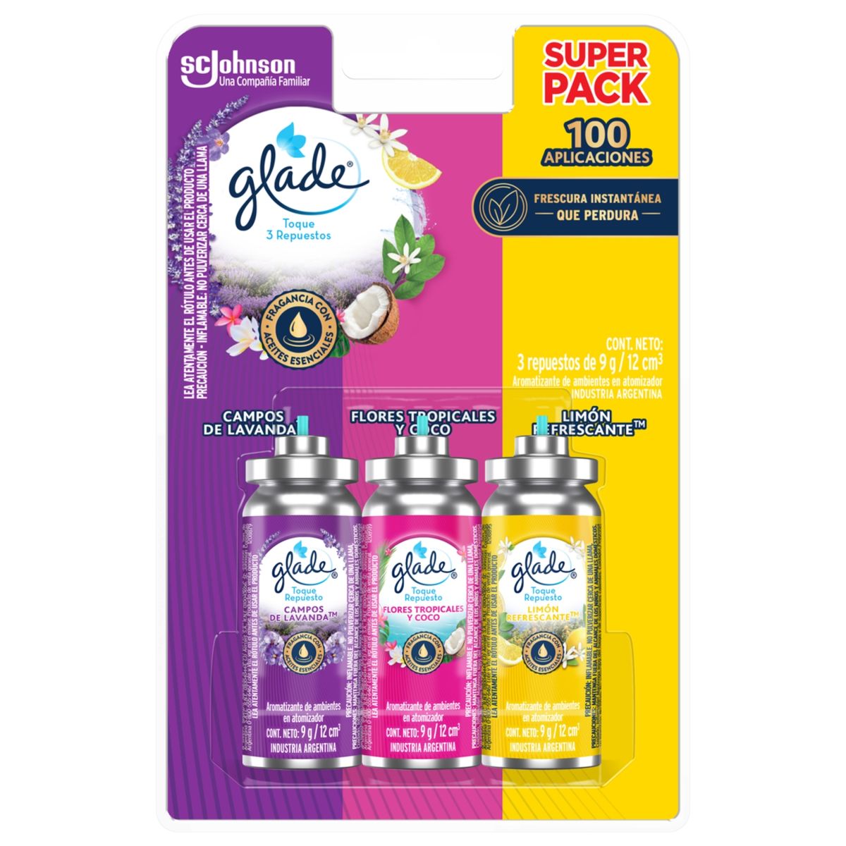 GLADE - Pack Repuesto Desodorante Ambiental Glade Toque Lavanda, Floral y Limón 3 x 9 g