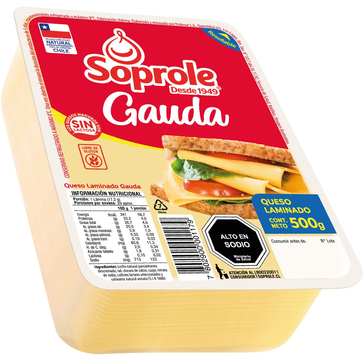 SOPROLE - Queso Gauda Laminado Resellable Soprole 500 gr