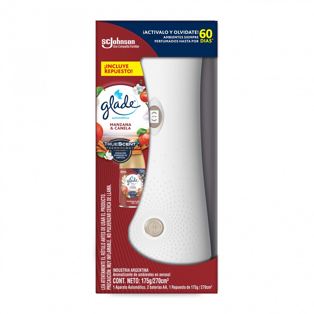 GLADE - Desodorante Ambiental Glade Automático Manzana y Canela  + Repuesto 175 g