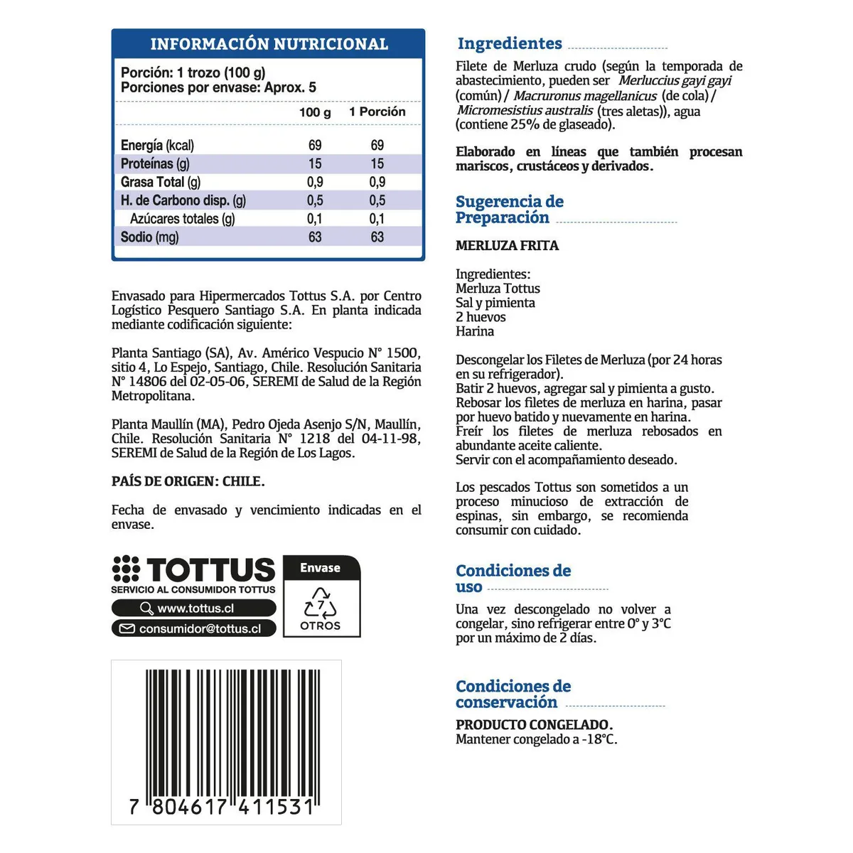 TOTTUS - Filete de Merluza con Piel Congelada Tottus 500 g