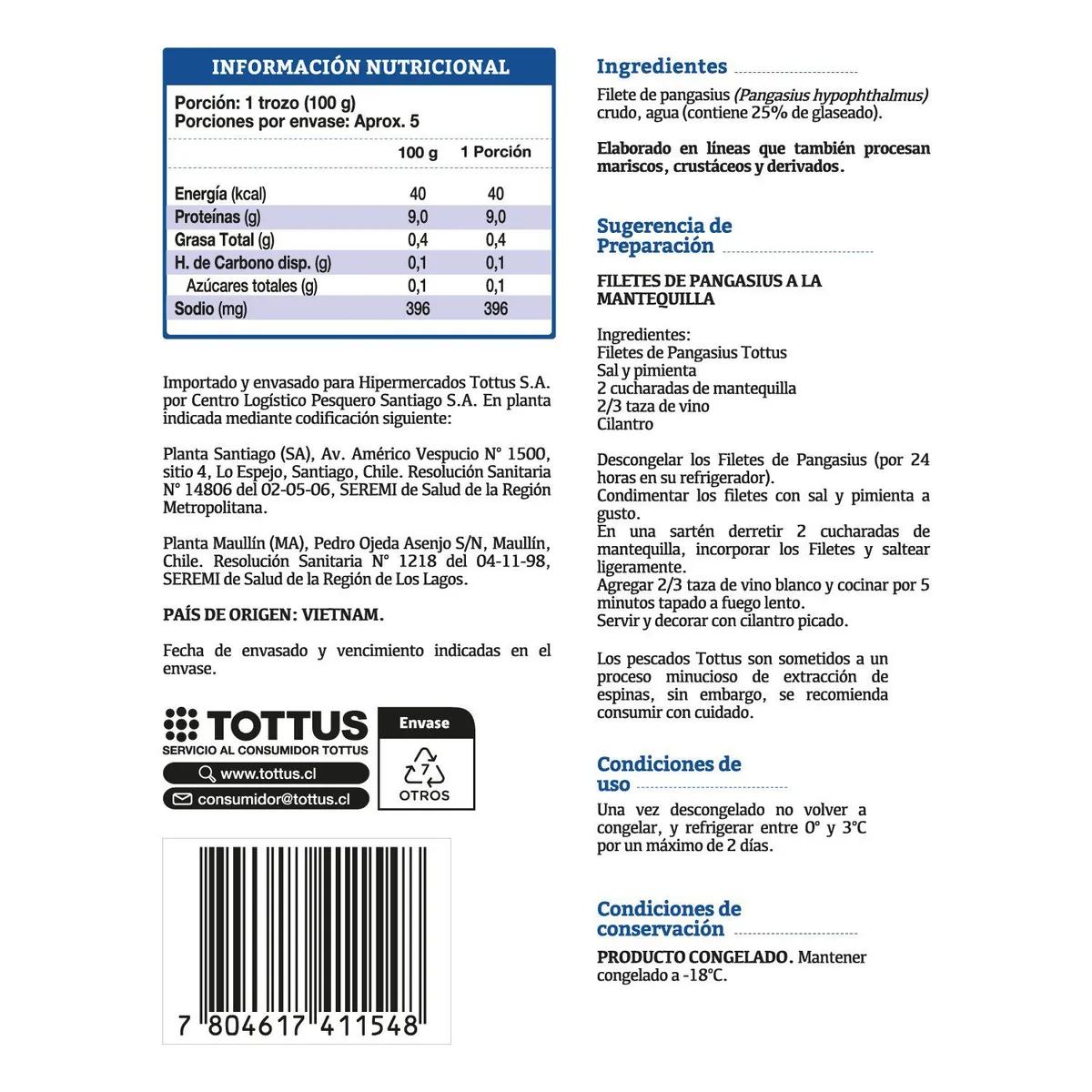 TOTTUS - Filetes de Pangasius Sin Piel Congelados Tottus 500 g