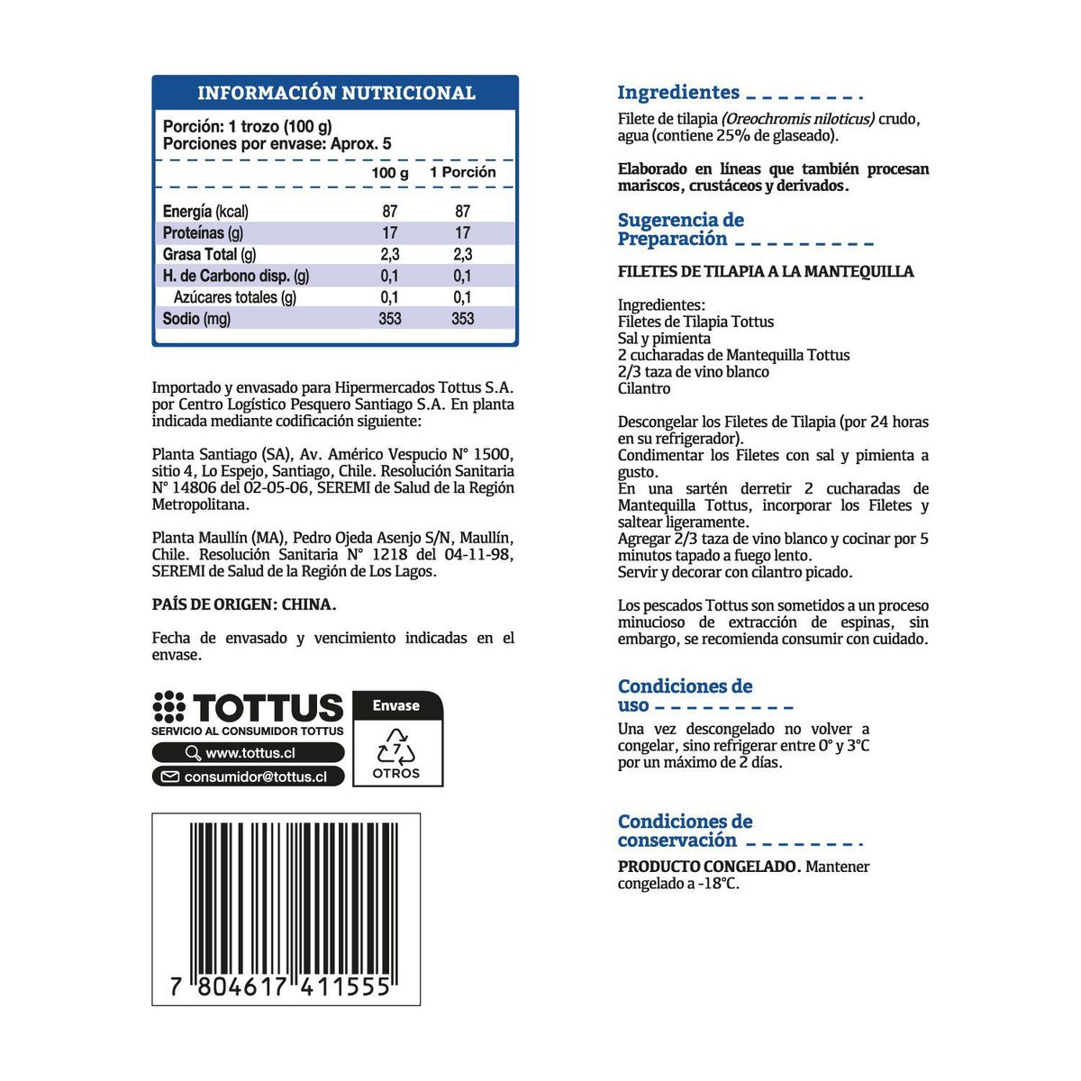 TOTTUS - Filete de Tilapia sin Piel