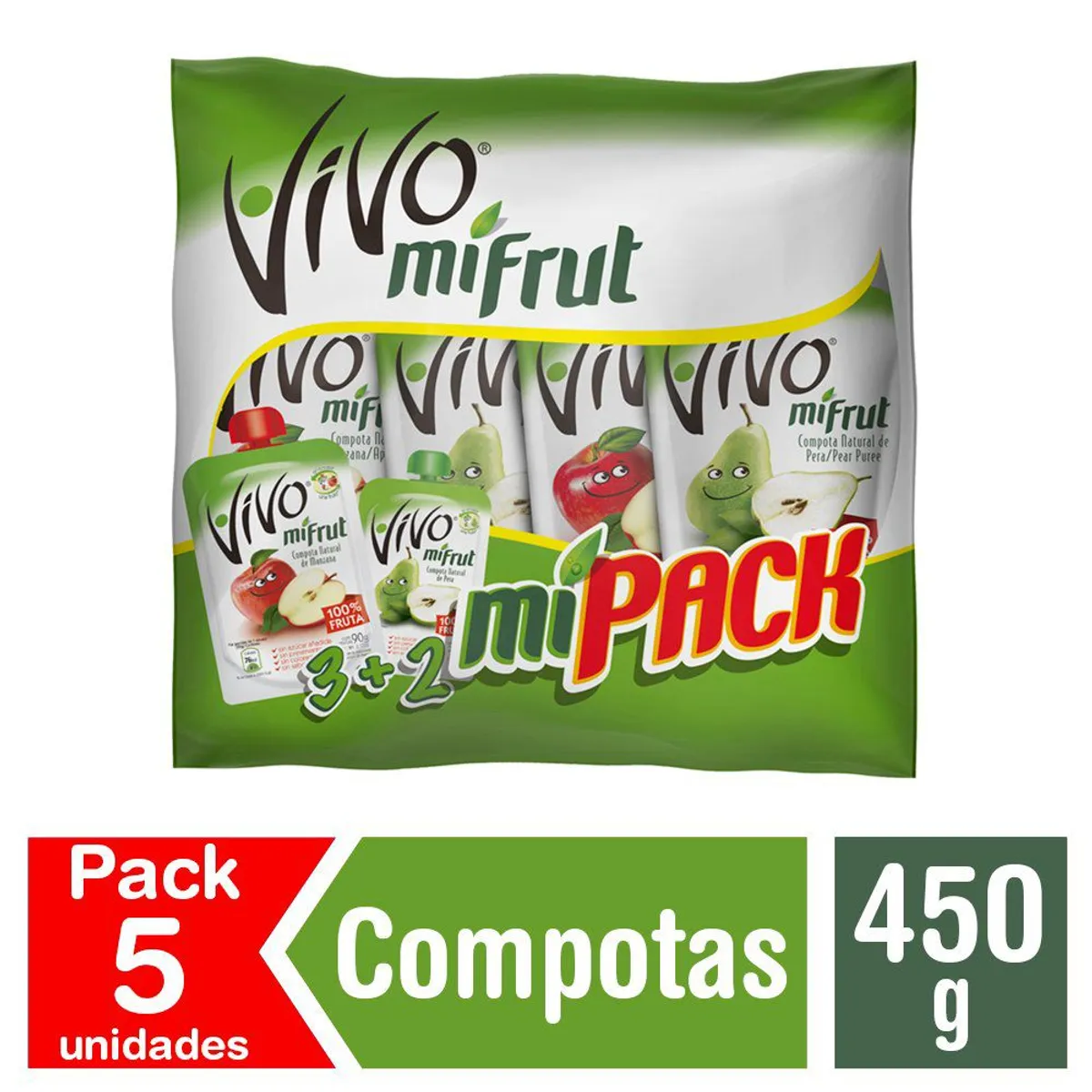 VIVO - Pack Compotas Sabor Manzana y Pera Vivo 5 x 90 g
