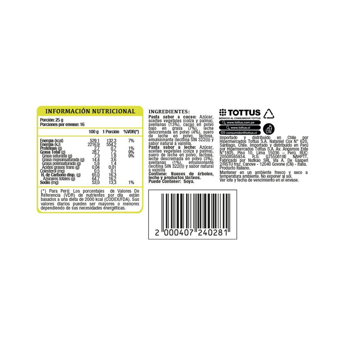 TOTTUS - Crema de Avellana Bicolor 400 gr