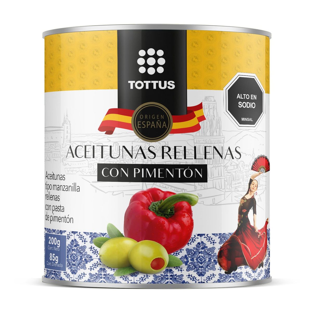 TOTTUS - Aceitunas Verdes Rellenas con Pimiento Tottus 200 g