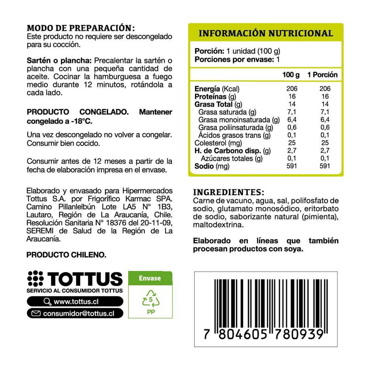 TOTTUS - Hamburguesa de Vacuno Casera Tradicional Tottus 100 g