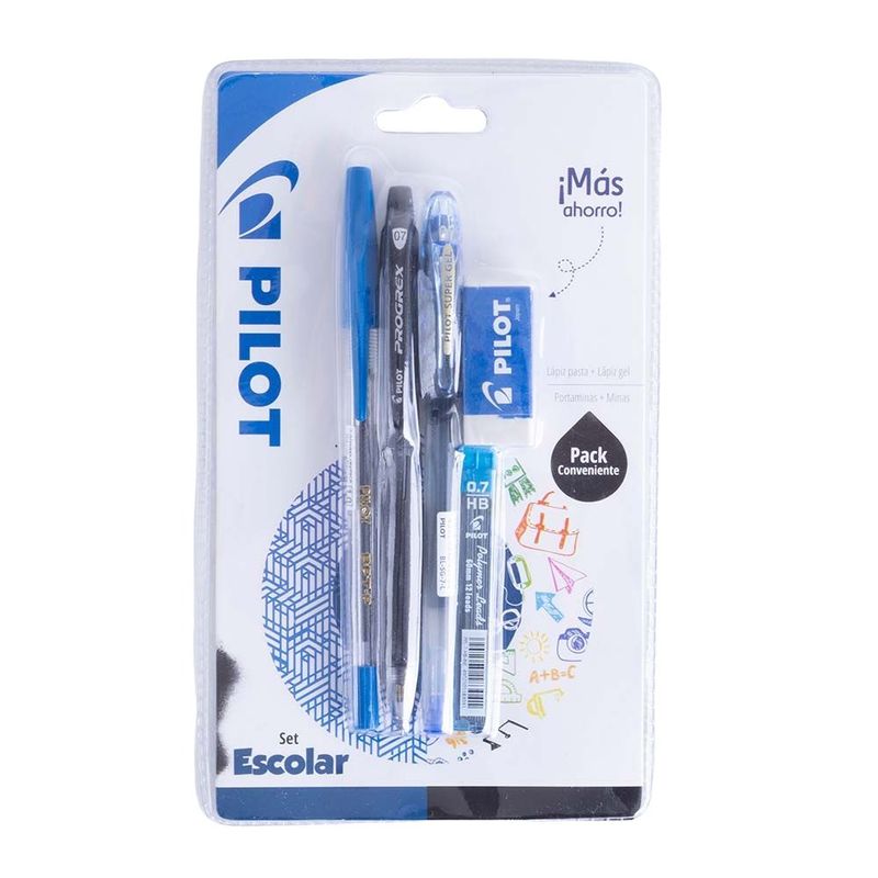 PILOT - Set Portaminas 0.7 + Mina 0.7 + Super Gel Azul + Lápiz Pasta Medio azul + Goma