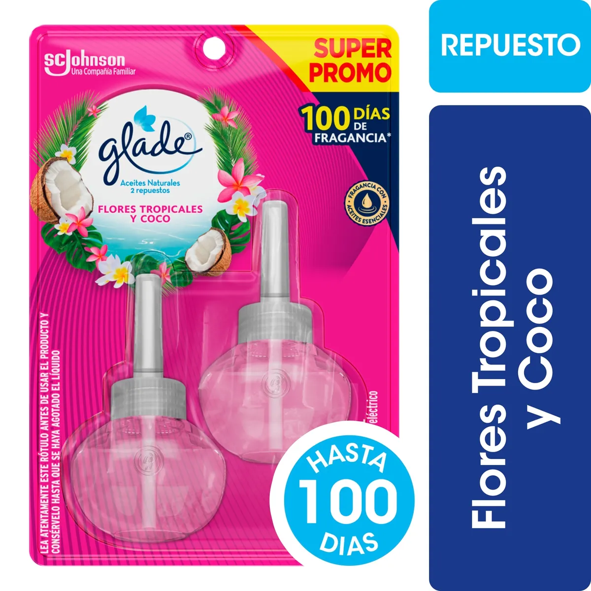 GLADE - Pack Repuesto Desodorante Ambiental Glade Aceites Tropical Floral 2 x 21 ml