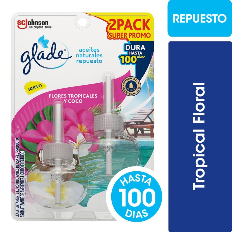 GLADE - Pack Repuesto Desodorante Ambiental Glade Aceites Tropical Floral 2 x 21 ml