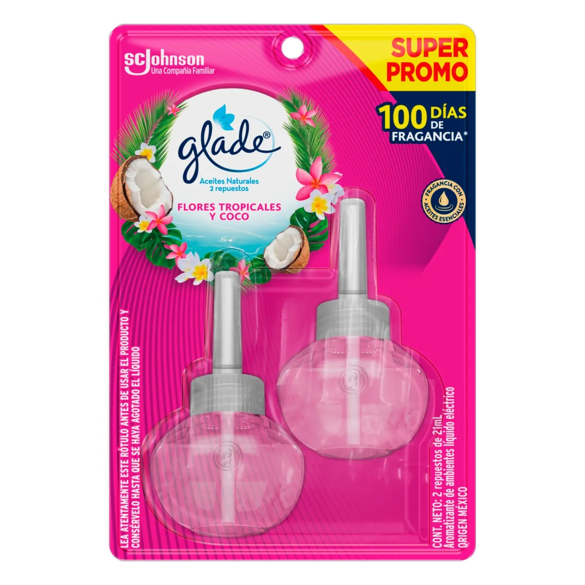 GLADE - Pack Repuesto Desodorante Ambiental Glade Aceites Tropical Floral 2 x 21 ml
