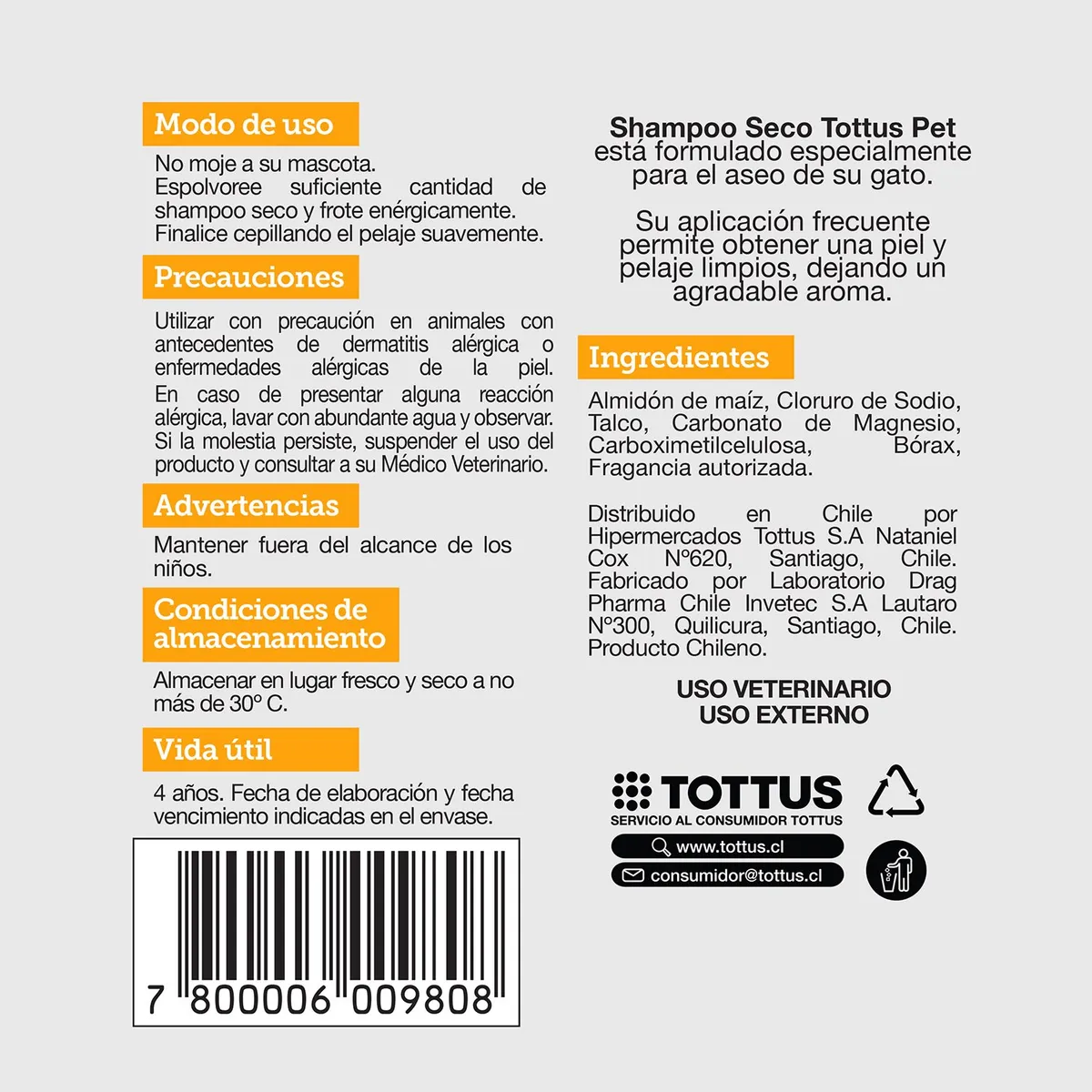 TOTTUS - Shampoo Seco para Gatos