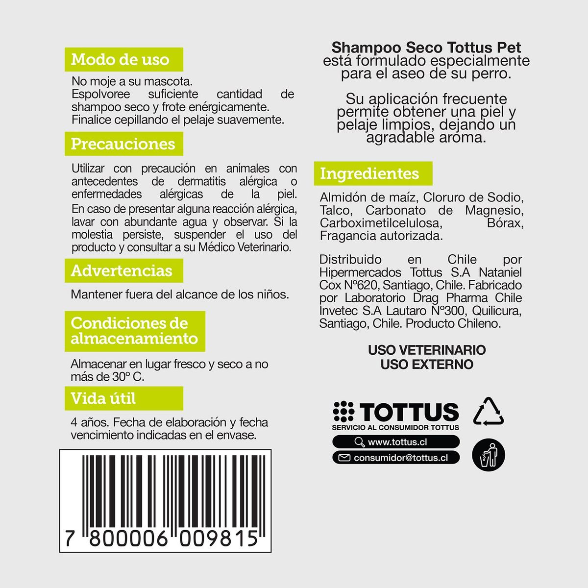 TOTTUS - Shampoo Seco para Perros