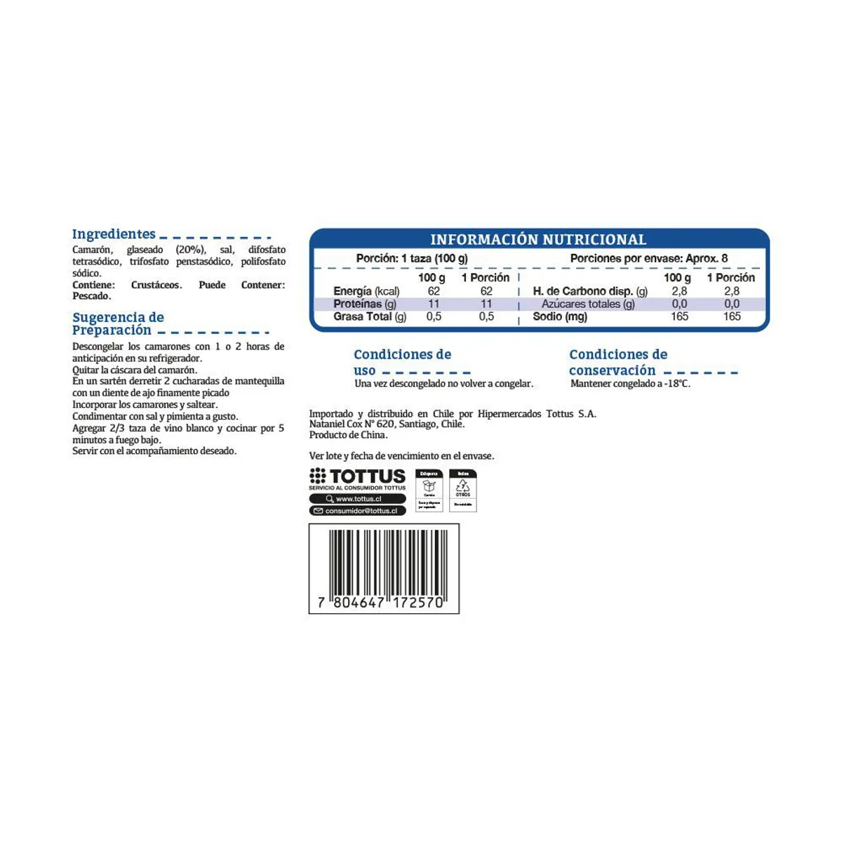 TOTTUS - Camarón Mediano Cocido con Cáscara y Cola Tottus 1 Kg