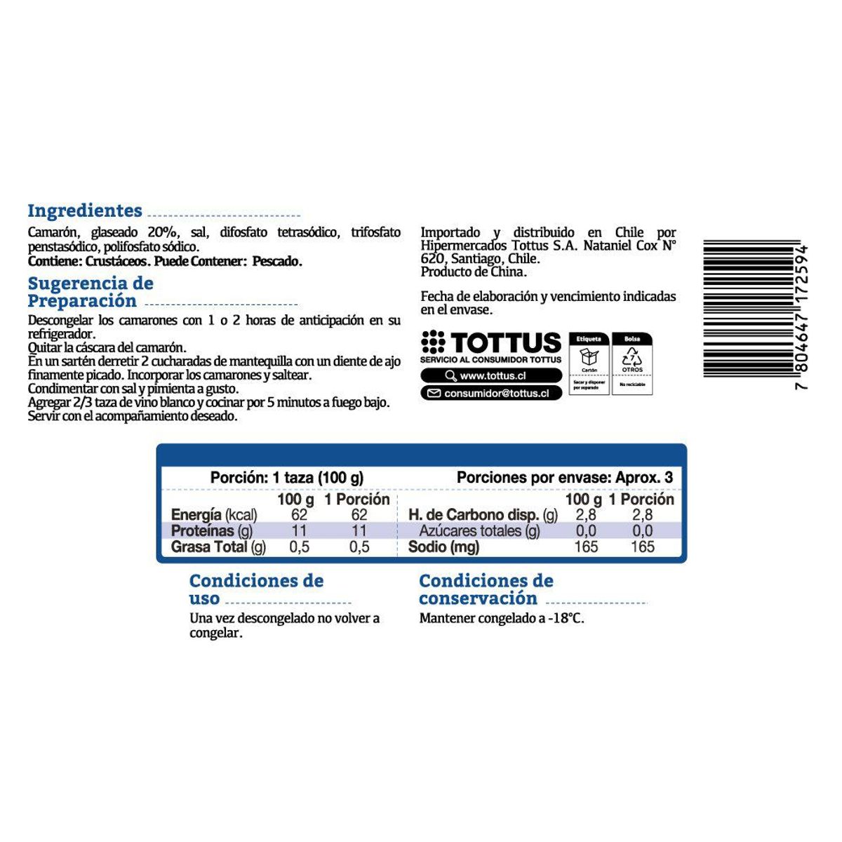 TOTTUS - Camarón Mediano Cocido con Cáscara y Cola Tottus 400 g