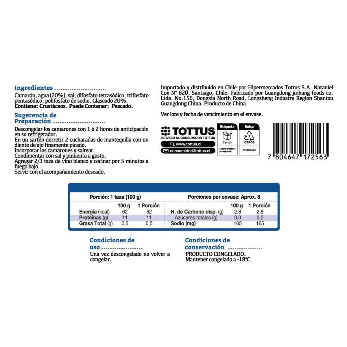 TOTTUS - Camarón Grande Cocido, Pelado y Sin Cola Tottus 1 Kg