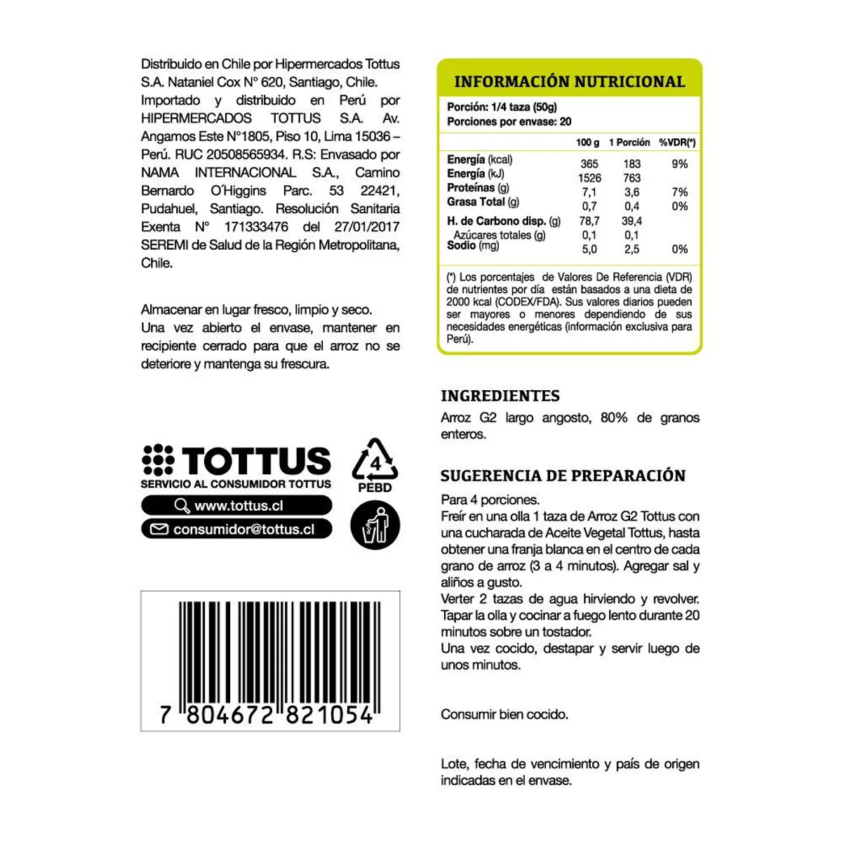 TOTTUS - Arroz Tottus G2 Grano Largo Fino 1 Kg