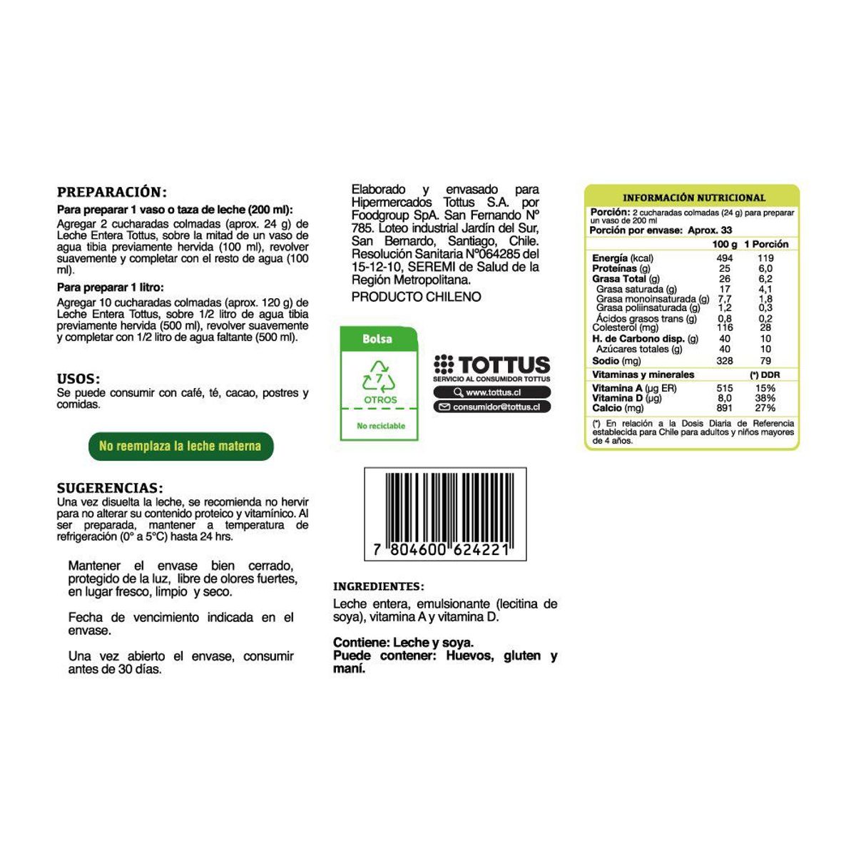 TOTTUS - Leche Instantánea en Polvo Tottus 800 g