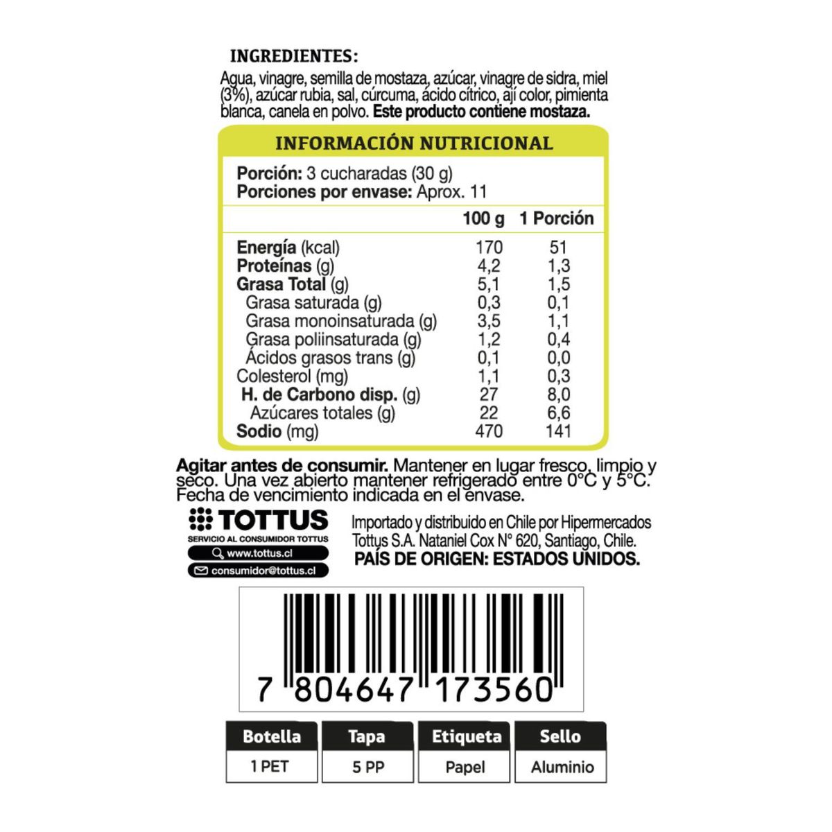 TOTTUS - MOSTAZA HONEY 340GR TOTTUS