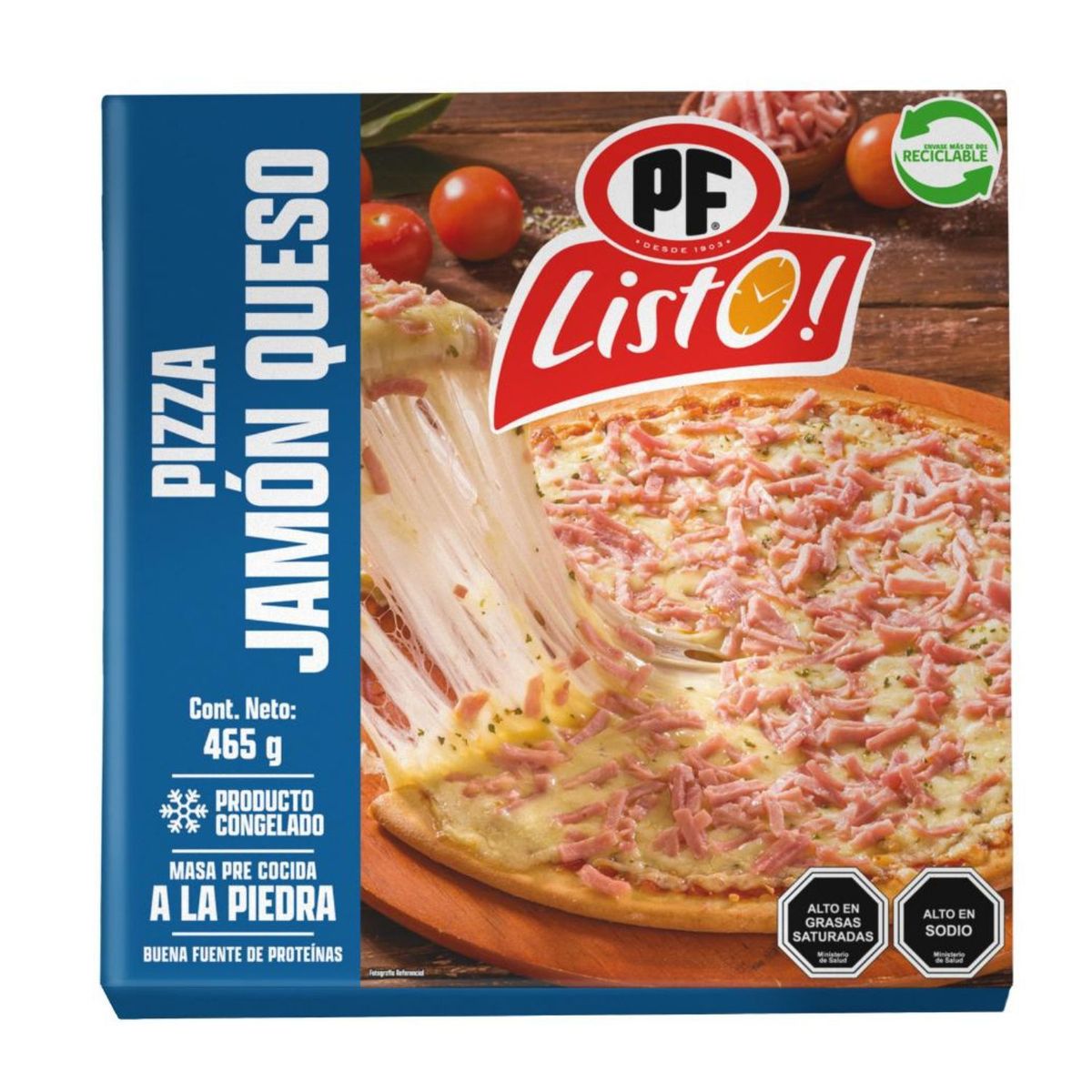 PF LISTO - Pizza Jamón Queso Masa a la Piedra Congelada PF Listo 465 g