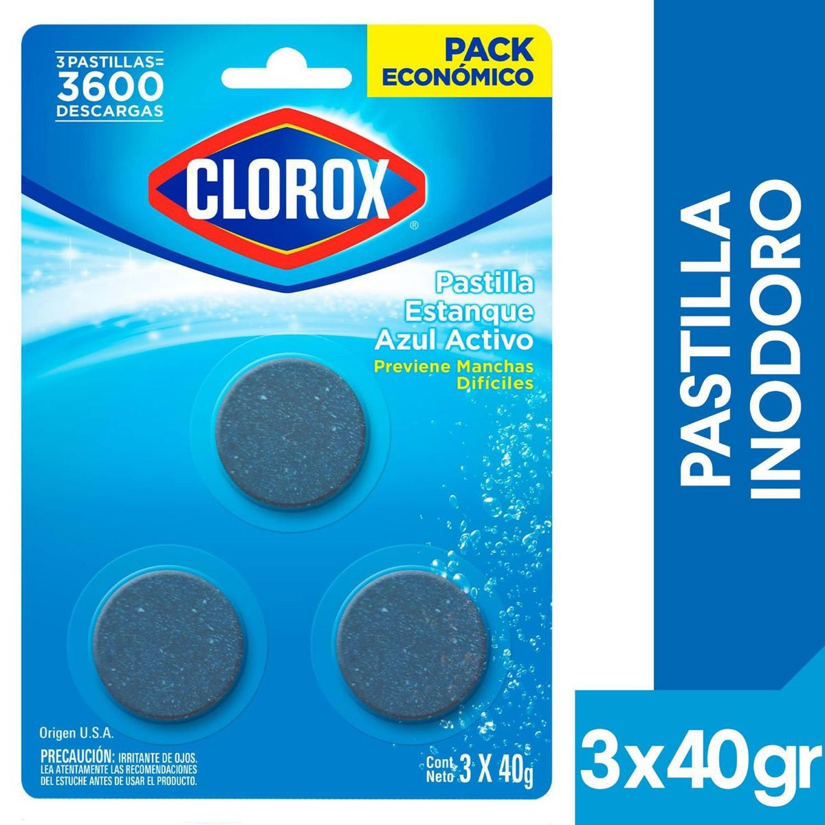 CLOROX - Pack Pastillas para Estanque de Inodoro Clorox Azul Activo 3 x 40 gr