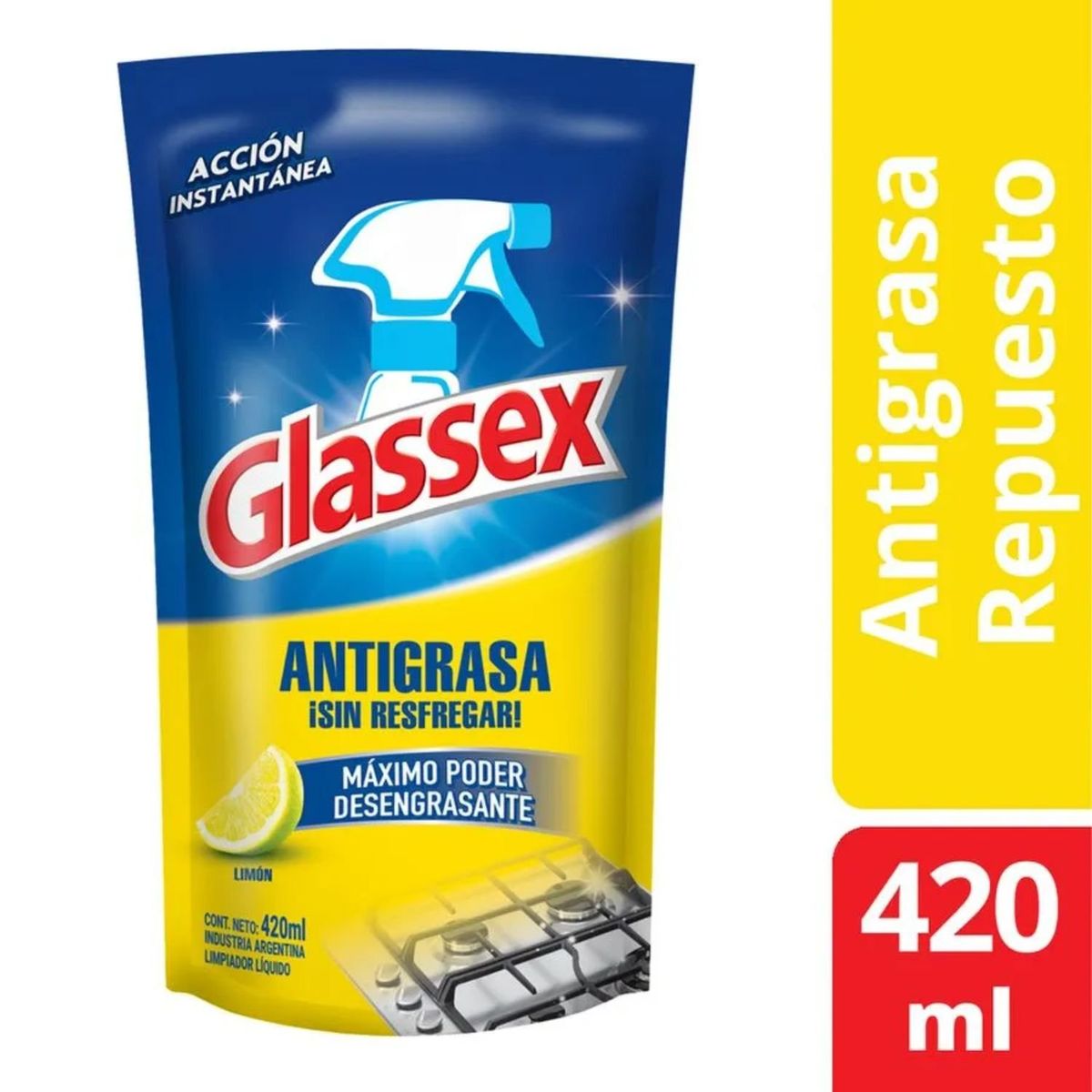 GLASSEX - Limpiador Antigrasa Limón Doypack Glassex 420 ml