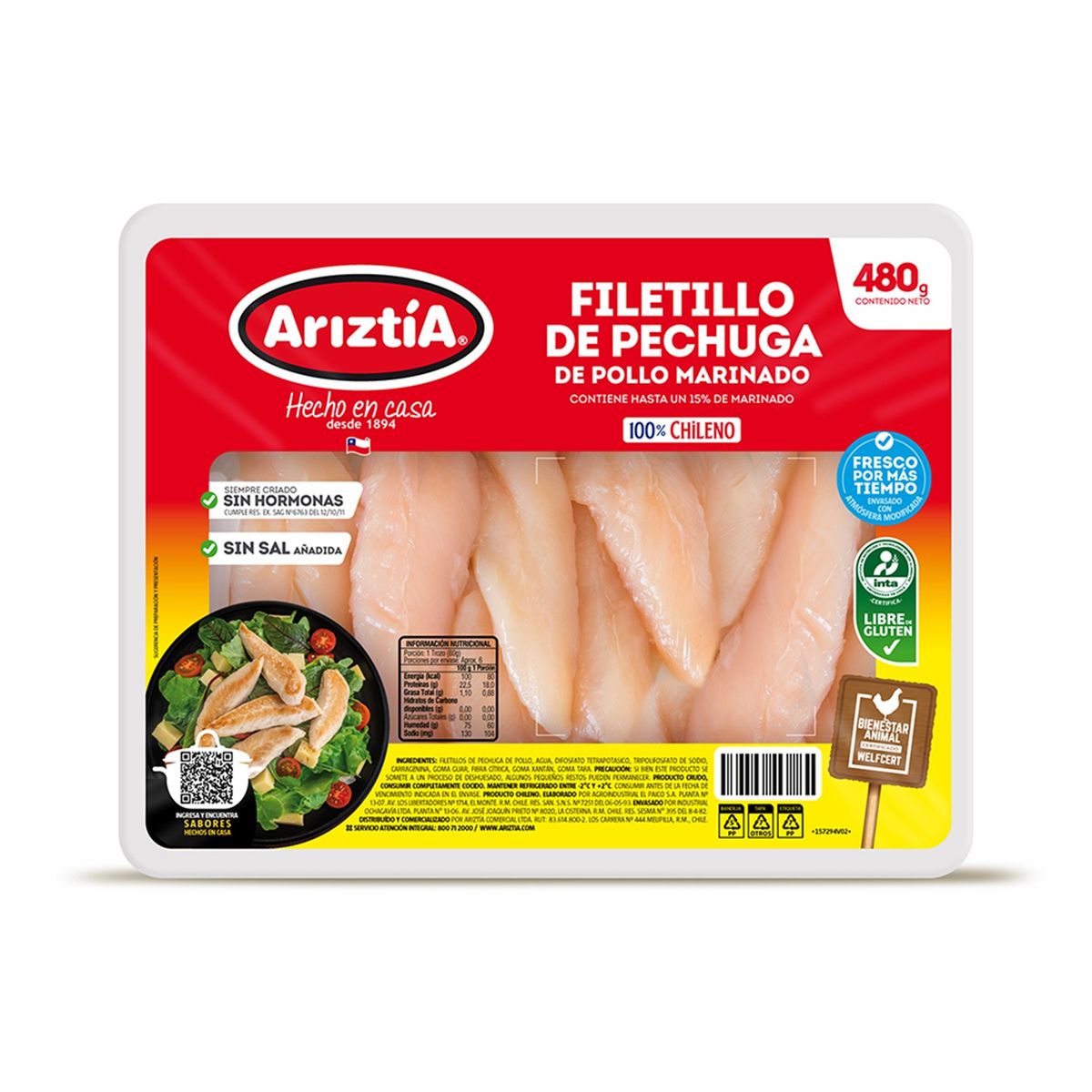 ARIZTIA - Filetitos de Pechuga de Pollo Ariztía 480 g