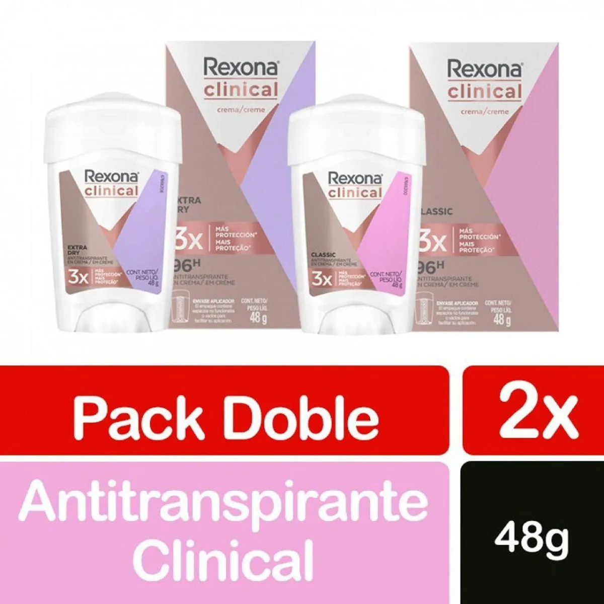 REXONA - Pack Desodorante en Barra Femenino Rexona Clinical 2 x 48g