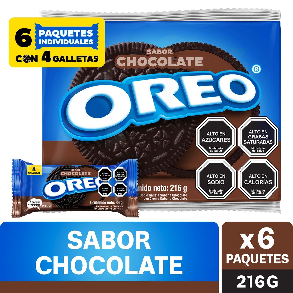 OREO - Pack Galleta Oreo Rellena con Crema Sabor Chocolate 6 x 36 g