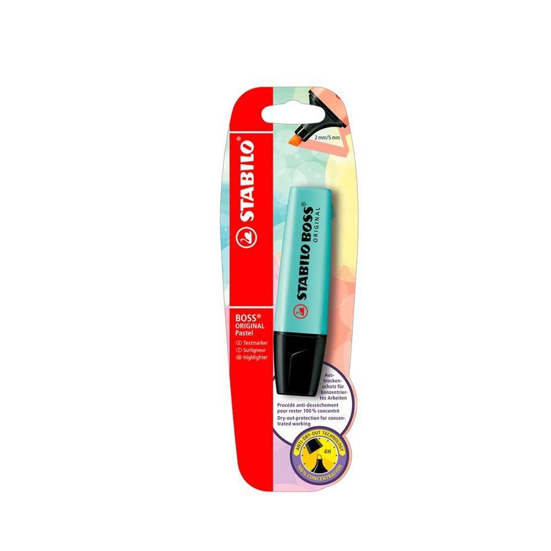 STABILO - El resaltador BOSS color Turquesa de Stabilo es recargable y ofrece cuatro horas de protección contra el secado.  ¿Qué características posee?  Sus nueve colores atractivos fluorescentes y sus seis colores pastel resaltarán tus textos de una manera singular. Posee tinta a base de agua y una punta duradera. Disfruta de un increíble producto!