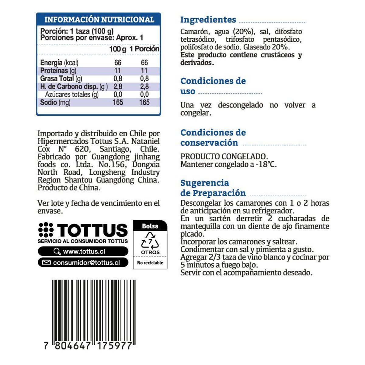 TOTTUS - Camarón Pequeño Cocido, Pelado y Sin Cola Tottus 100 g