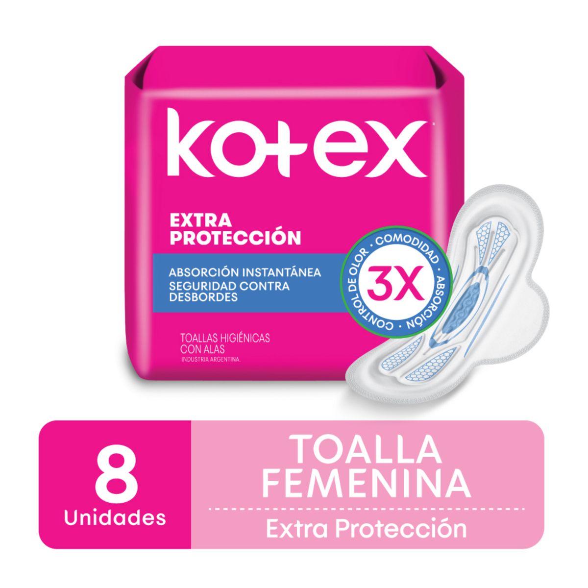 KOTEX - Toallas Higiénicas Kotex Extra Protección 8 Un