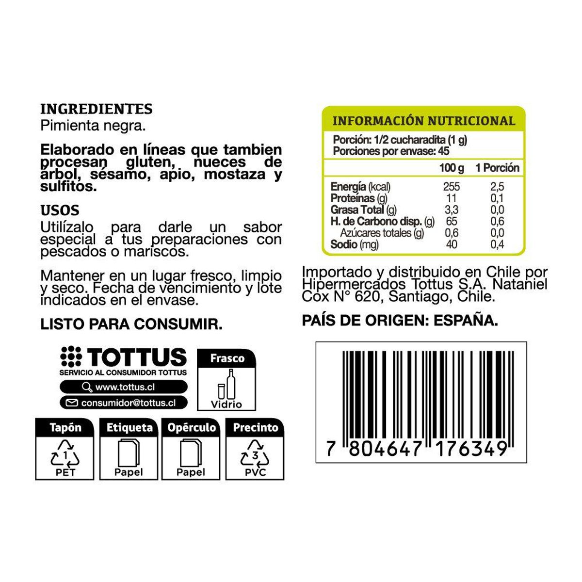 TOTTUS - Pimienta Negra Entera