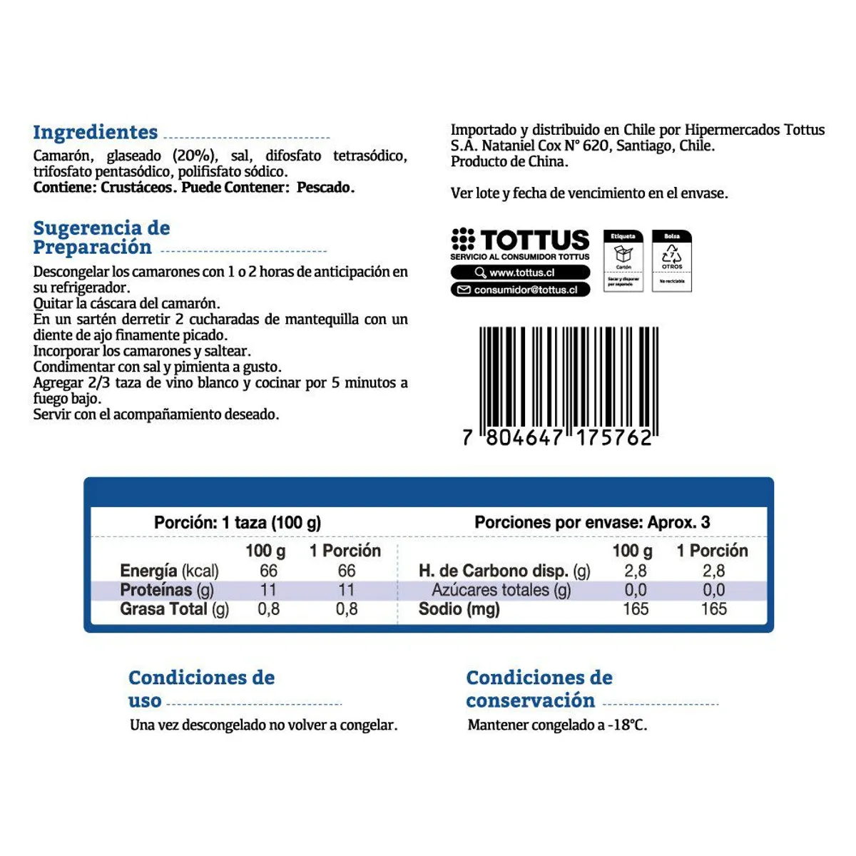 TOTTUS - Camarón Extra Grande Cocido con Cáscara y Cola Tottus 400 g