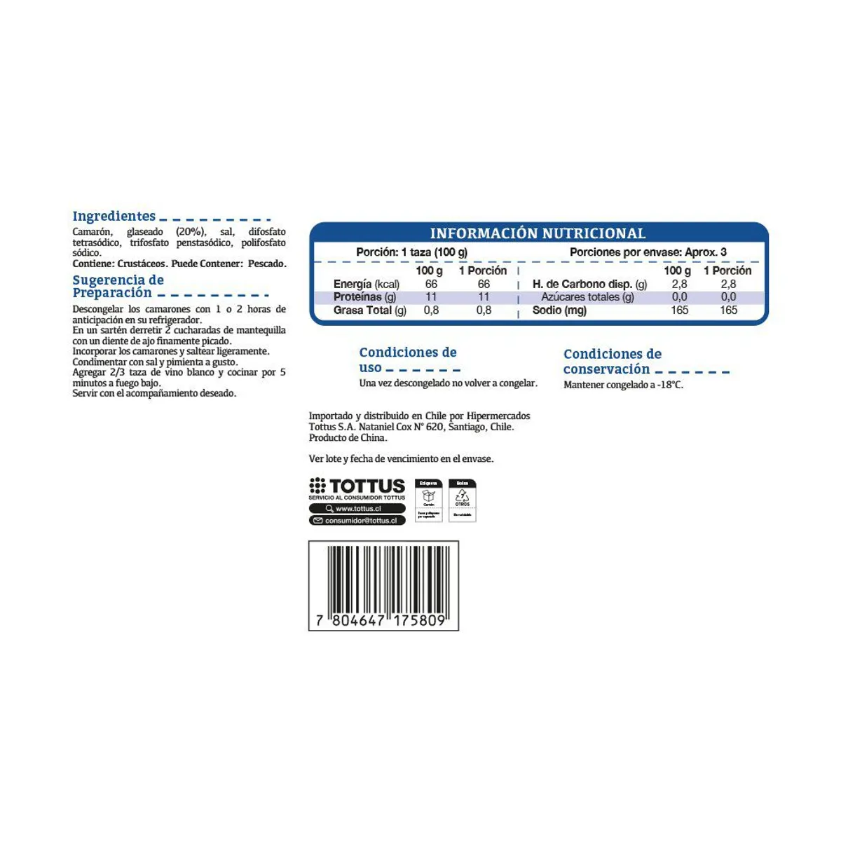 TOTTUS - Camarón Grande Cocido, Pelado, Desvenado y Con Cola Tottus 400 g