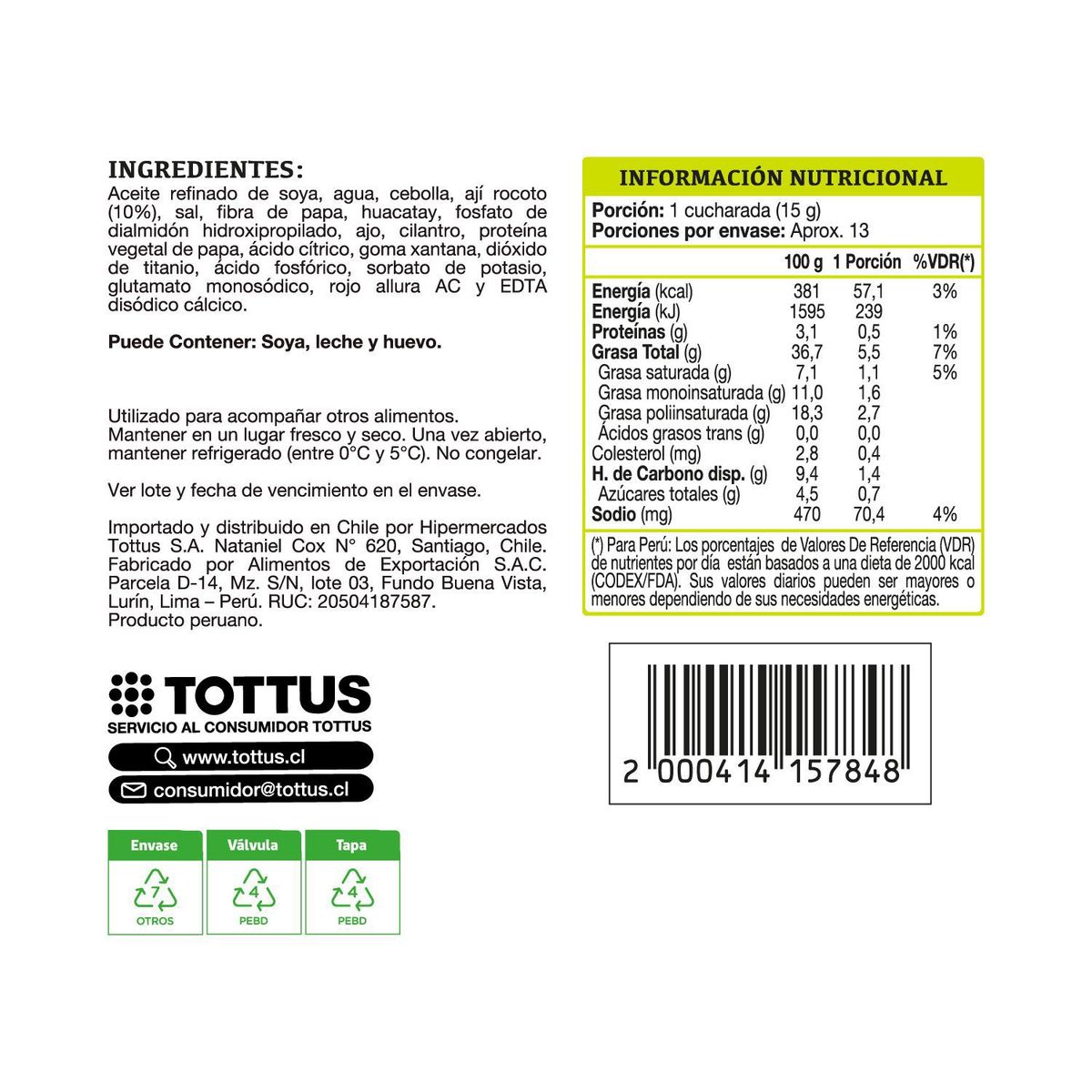 TOTTUS - CREMA ROCOTO  TOTTUS 200 G