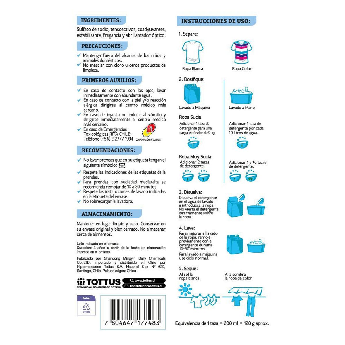 TOTTUS - DETERGENTE EN POLVO  TOTTUS 800 GR.