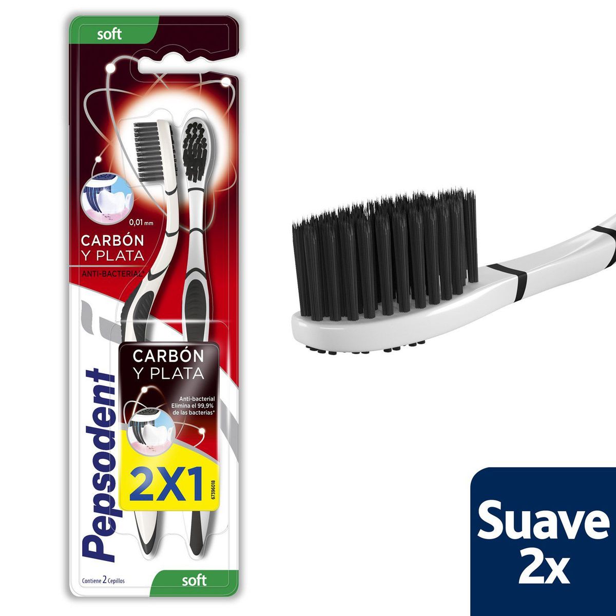 PEPSODENT - Cepillo dental  antibacterial carbón y plata - suave