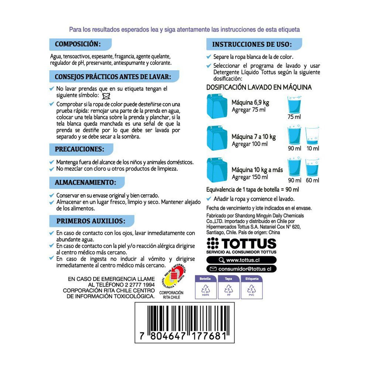 TOTTUS - Detergente Líquido Matic Botella Tottus 3 lt