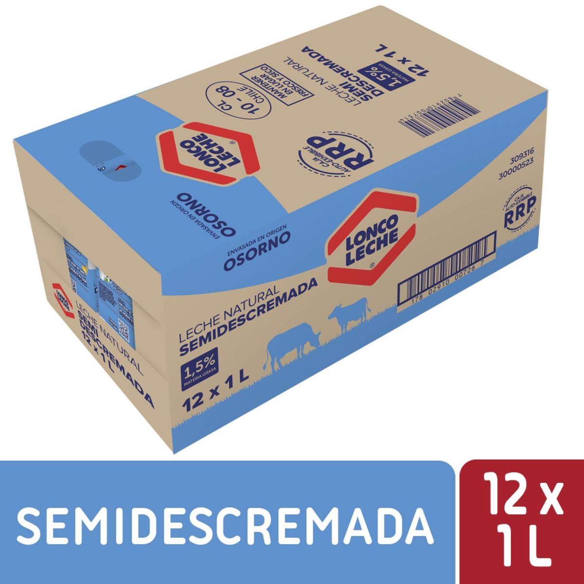 LONCOLECHE - Pack Leche Semidescremada Natural Loncoleche 12 x 1 lt