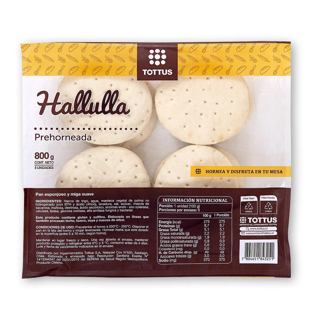 TOTTUS - Hallullas Prehorneadas Tottus 8 Un 800 g