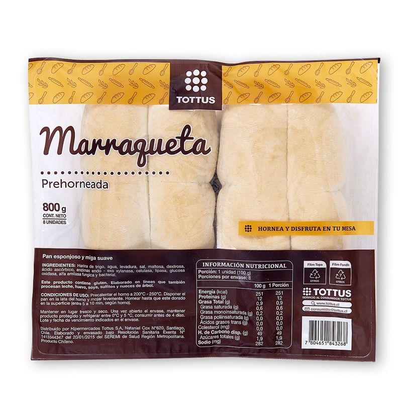 TOTTUS - Marraquetas Prehorneadas Tottus 8 Un 800 g