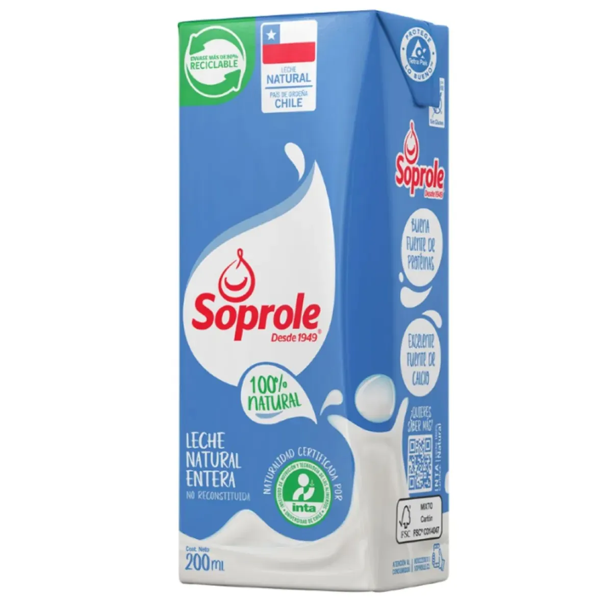 SOPROLE - Pack Leche Entera Natural Soprole 6x200 ml