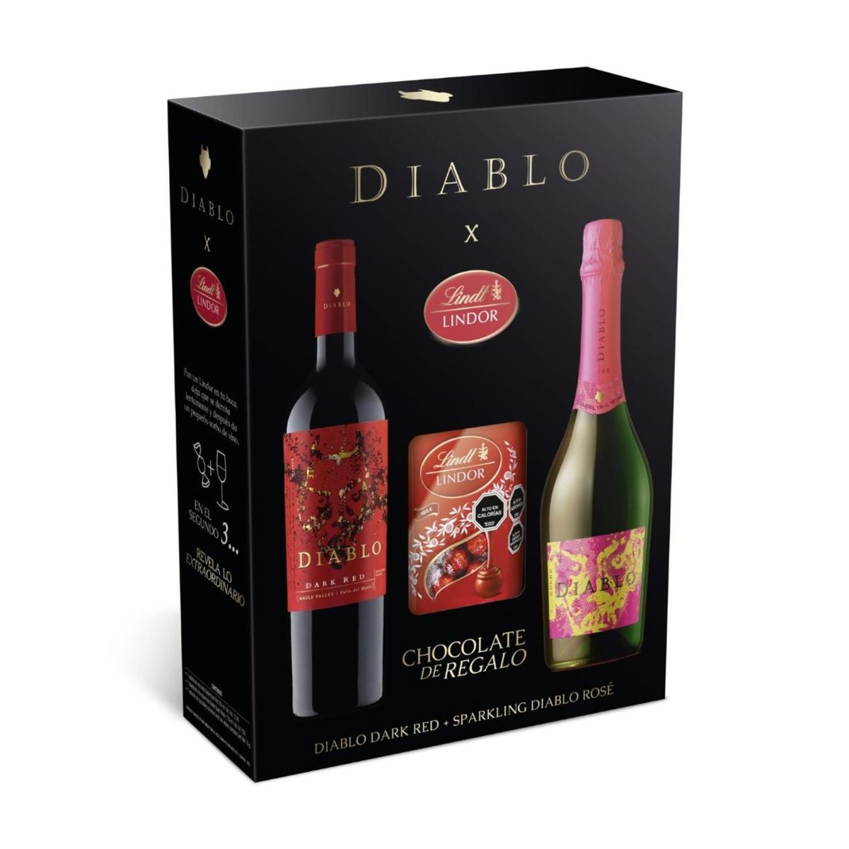 DIABLO - Vino Tinto Dark Red 750 ml + Espumante Sparkling Rose 750 ml + Chocolate Lindor
