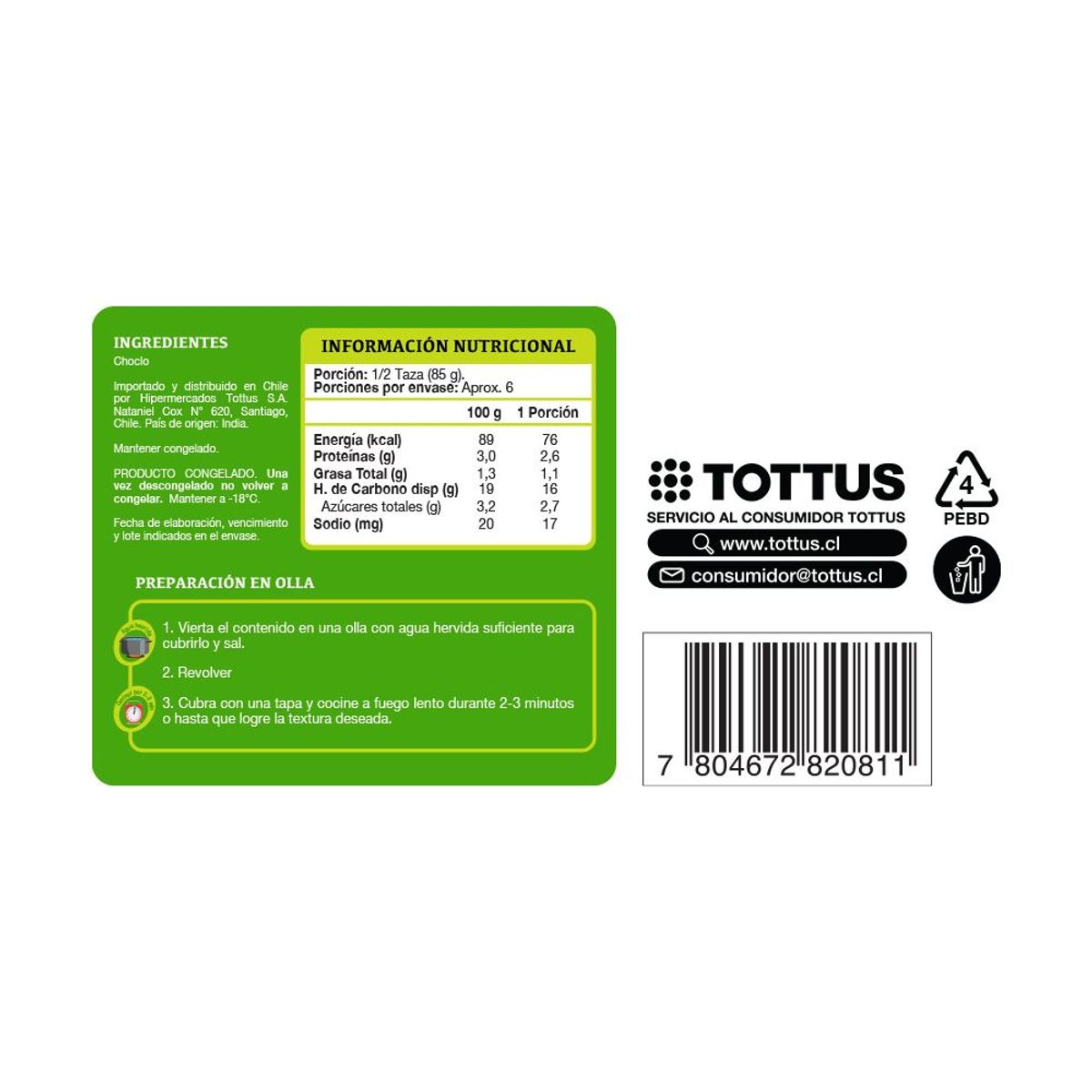 TOTTUS - Choclo Dulce en Grano Congelado