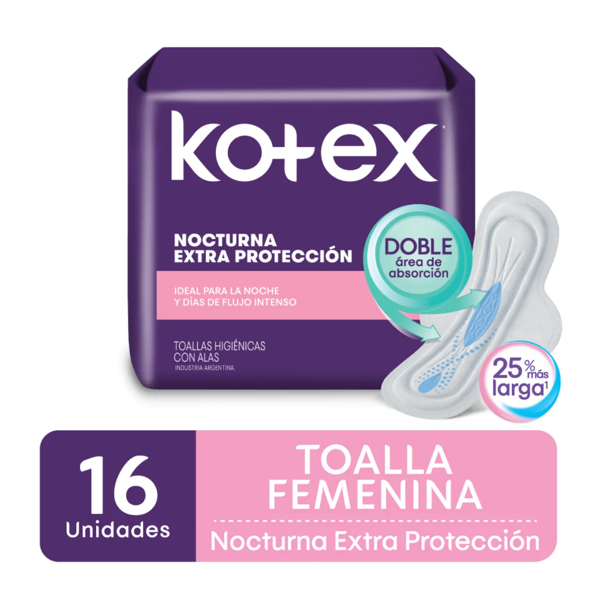 KOTEX - Toallas Higiénicas Kotex Extra Protección Nocturna c/Alas 16 Un