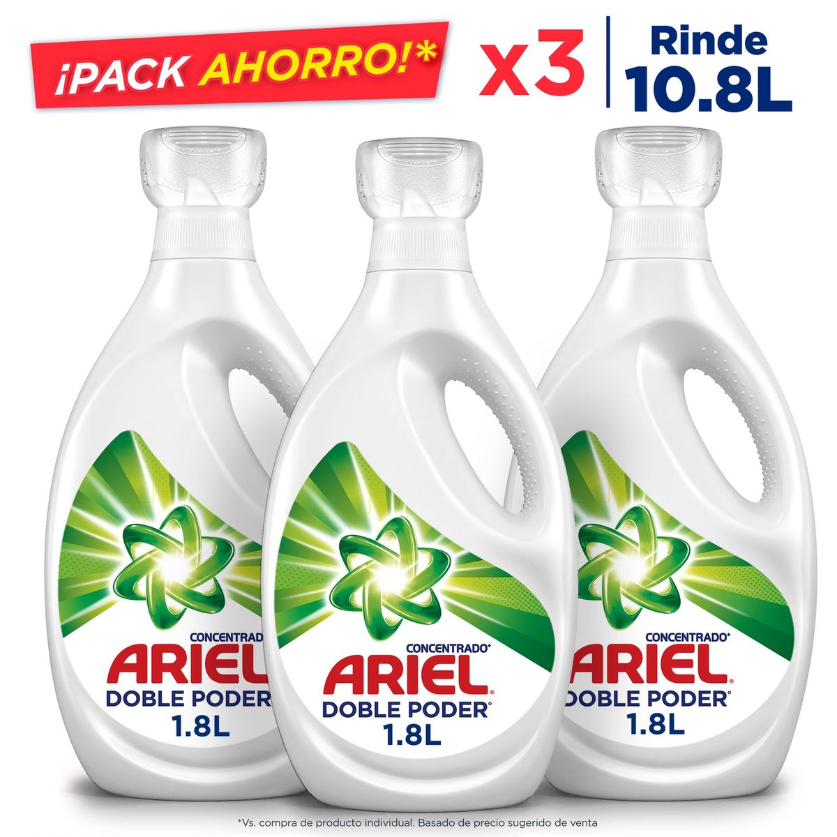 ARIEL - Pack Detergente Líquido Concentrado Doble Poder Ariel 3x1.8 lt