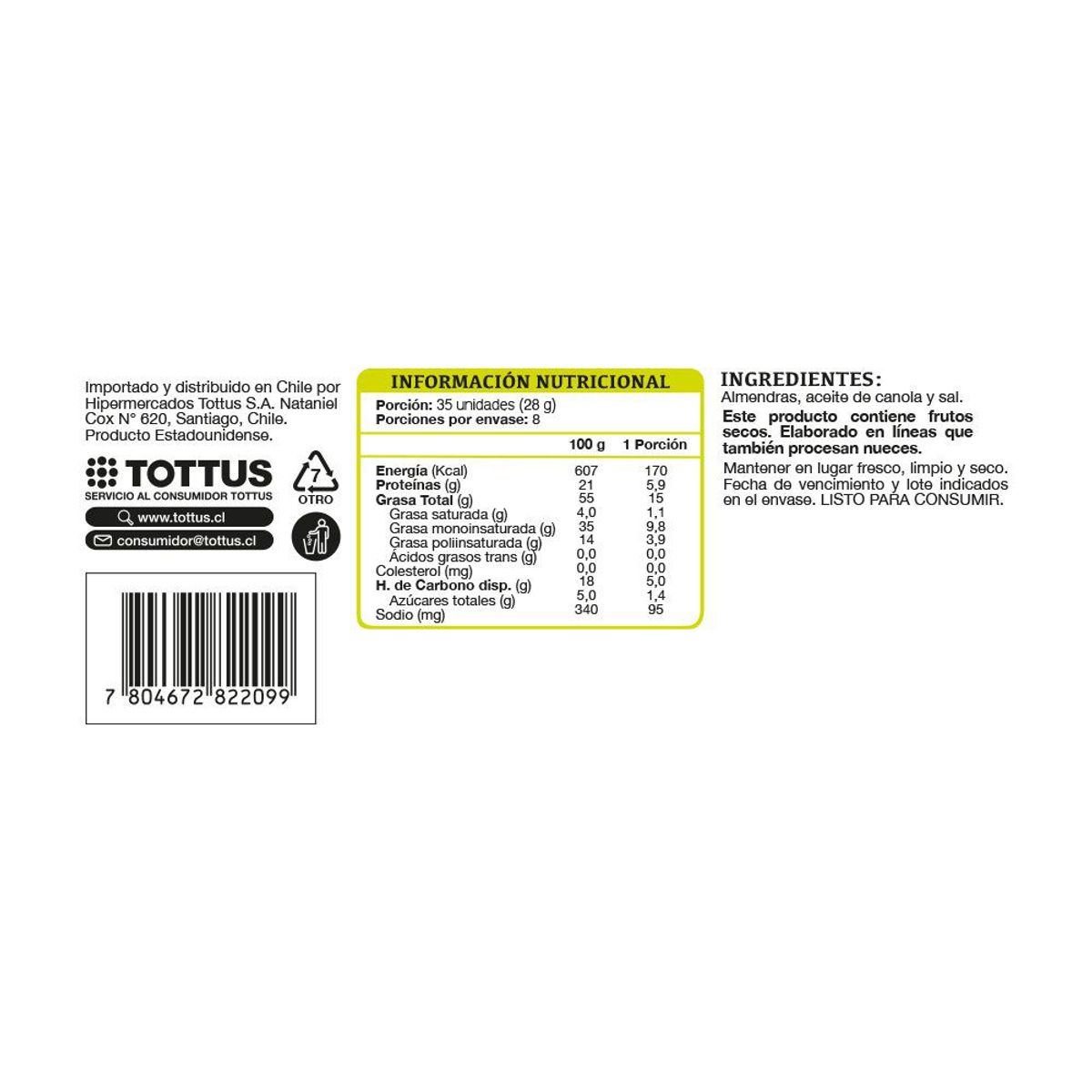 TOTTUS - ALMENDRAS TOSTADAS SALADAS TOTTUS 227 G