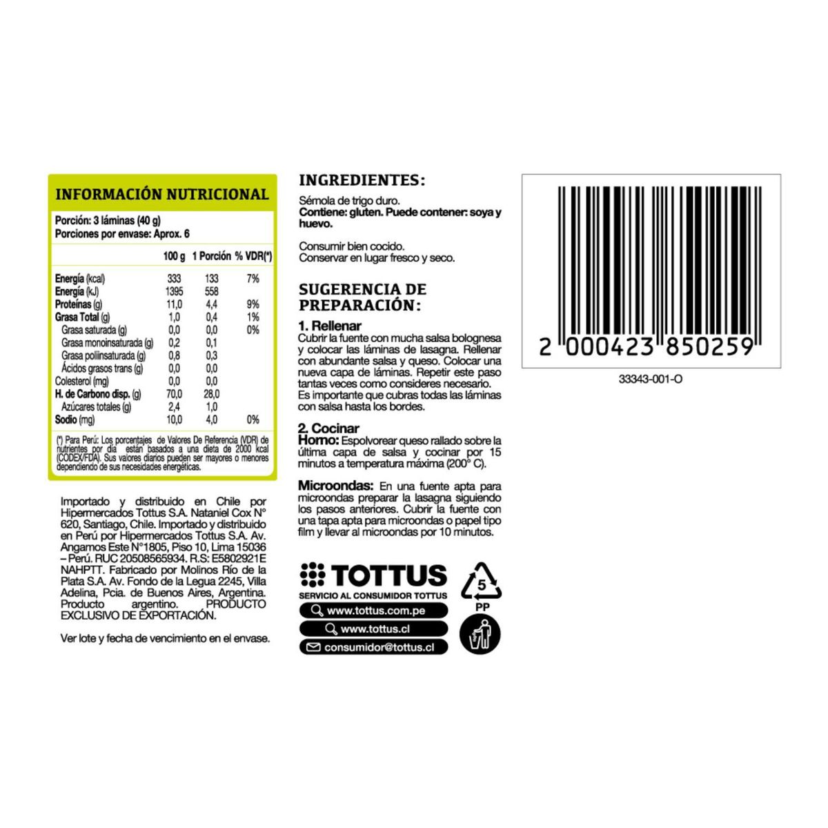 TOTTUS - Lasagna Tottus 250 gr