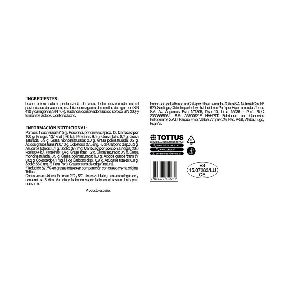 TOTTUS - Queso Crema Light Tottus 200 g