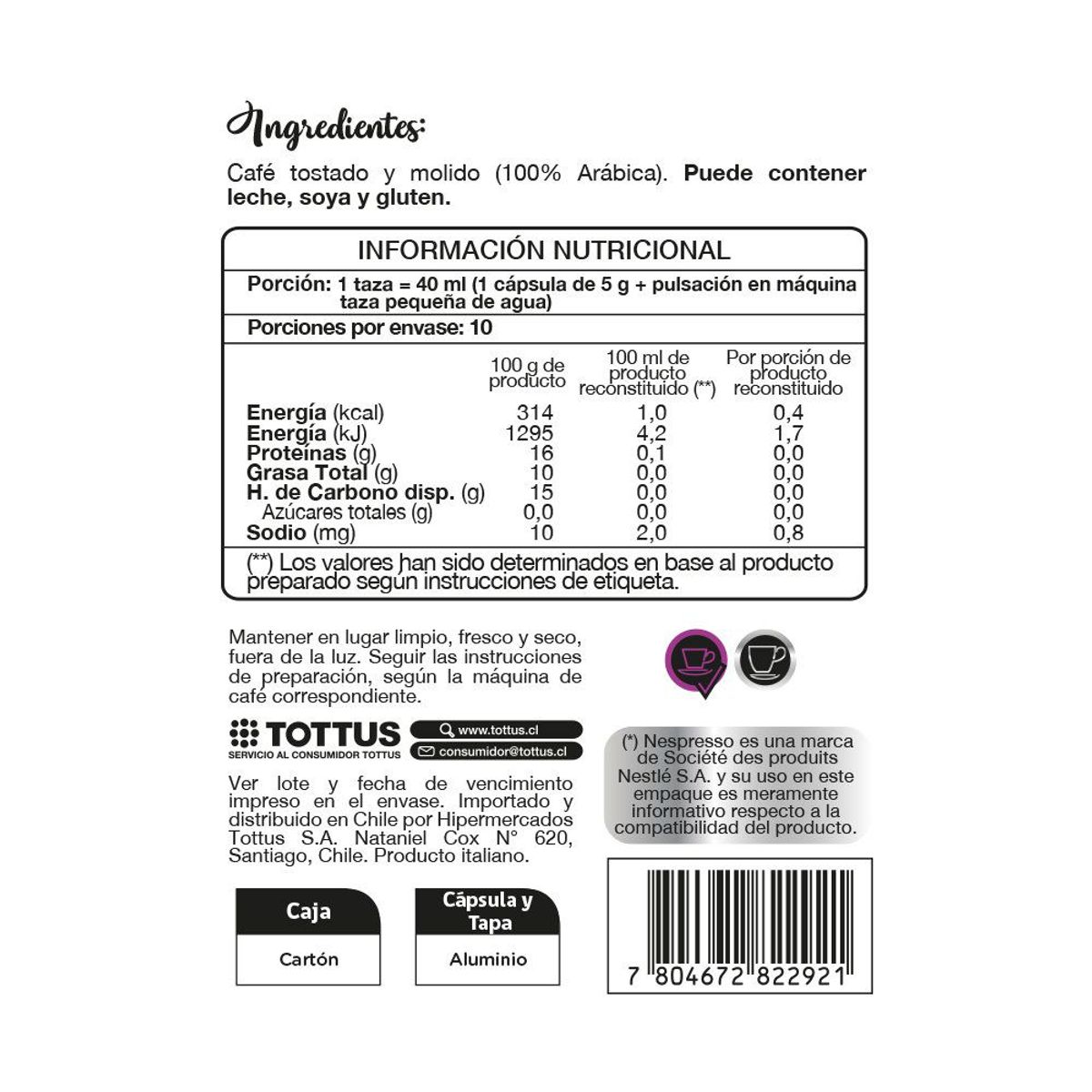 TOTTUS PREMIUM - Cápsula Café Lungo